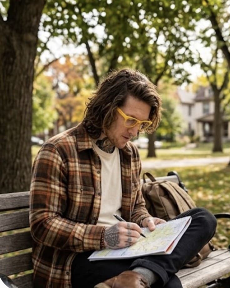 Ryan McLaughlin in a plaid flannel shirt, writing on a map on a park bench