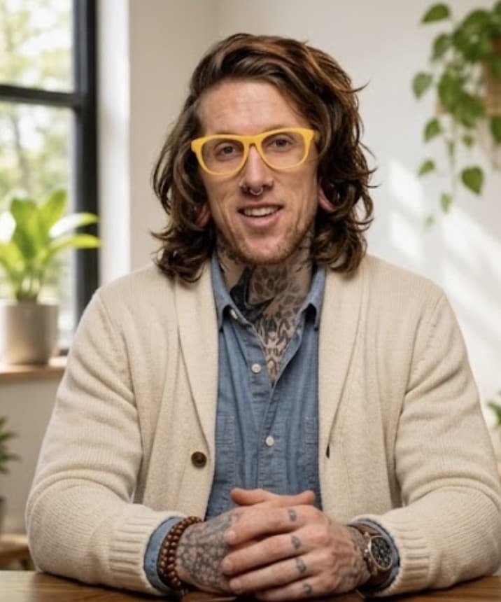 Ryan McLaughlin in yellow glasses, a cardigan, and a denim shirt, sitting at a table
