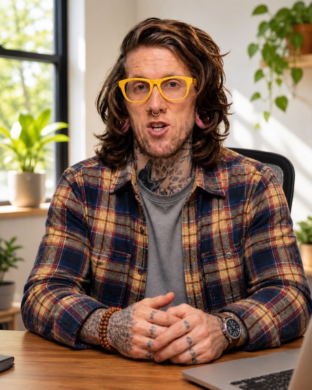 Ryan McLaughlin in a plaid flannel shirt at his desk, hands folded