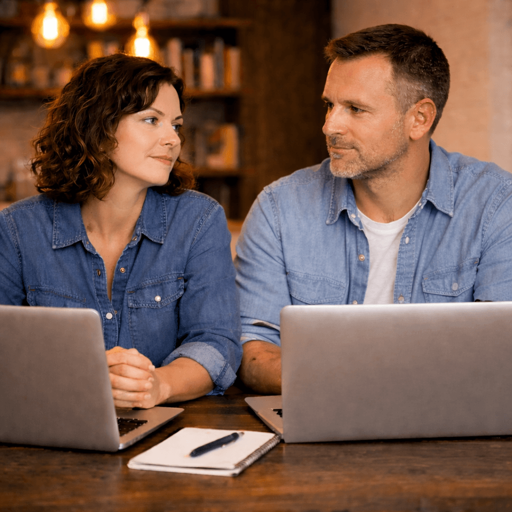 Calm virtual divorce mediation scene in the Flannel People visual style