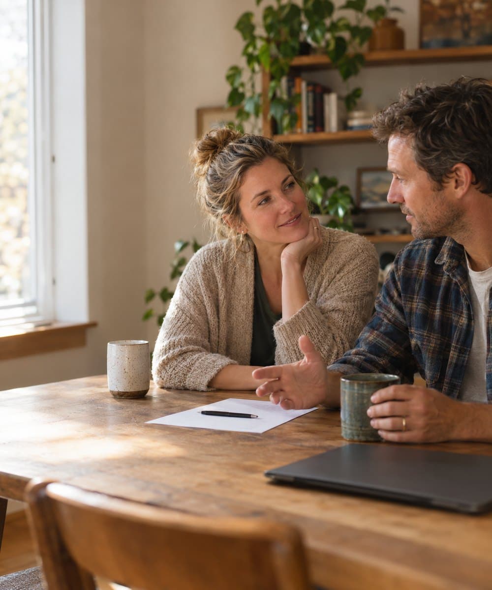 A married couple sitting side by side at a kitchen table, talking over one shared sheet of paper
