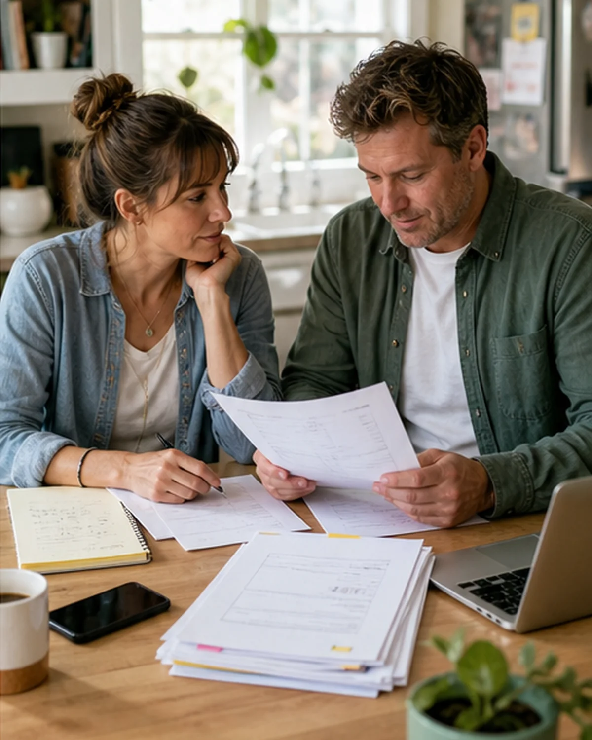 Minnesota couple comparing divorce paperwork and mediation options at a bright kitchen table
