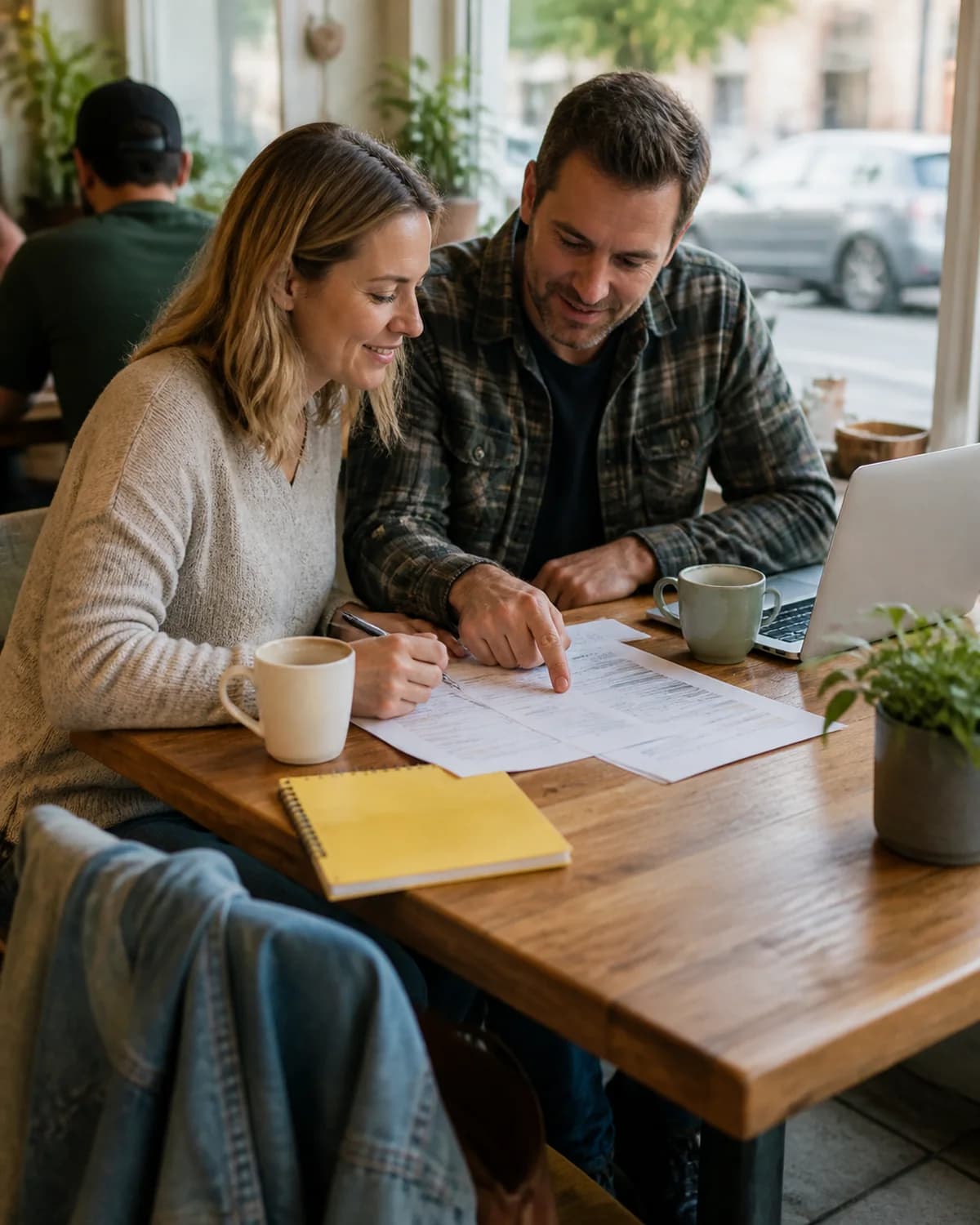 Minnesota couple reviewing a divorce mediation cost worksheet in a bright cafe
