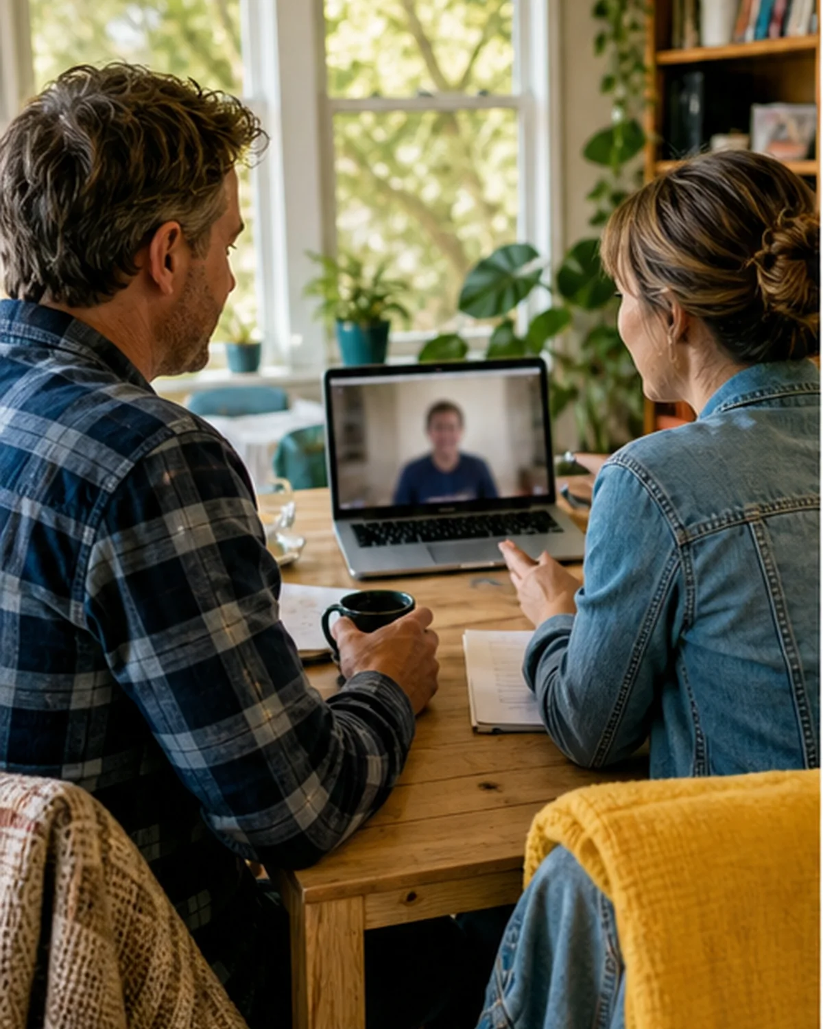 Minnesota couple in a virtual divorce mediation session from a bright home office