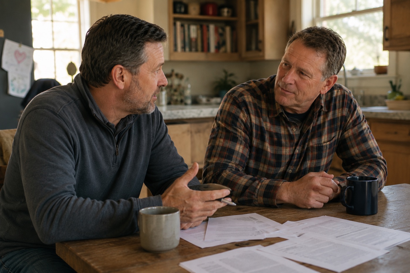 Two business owners talking over documents at a kitchen table