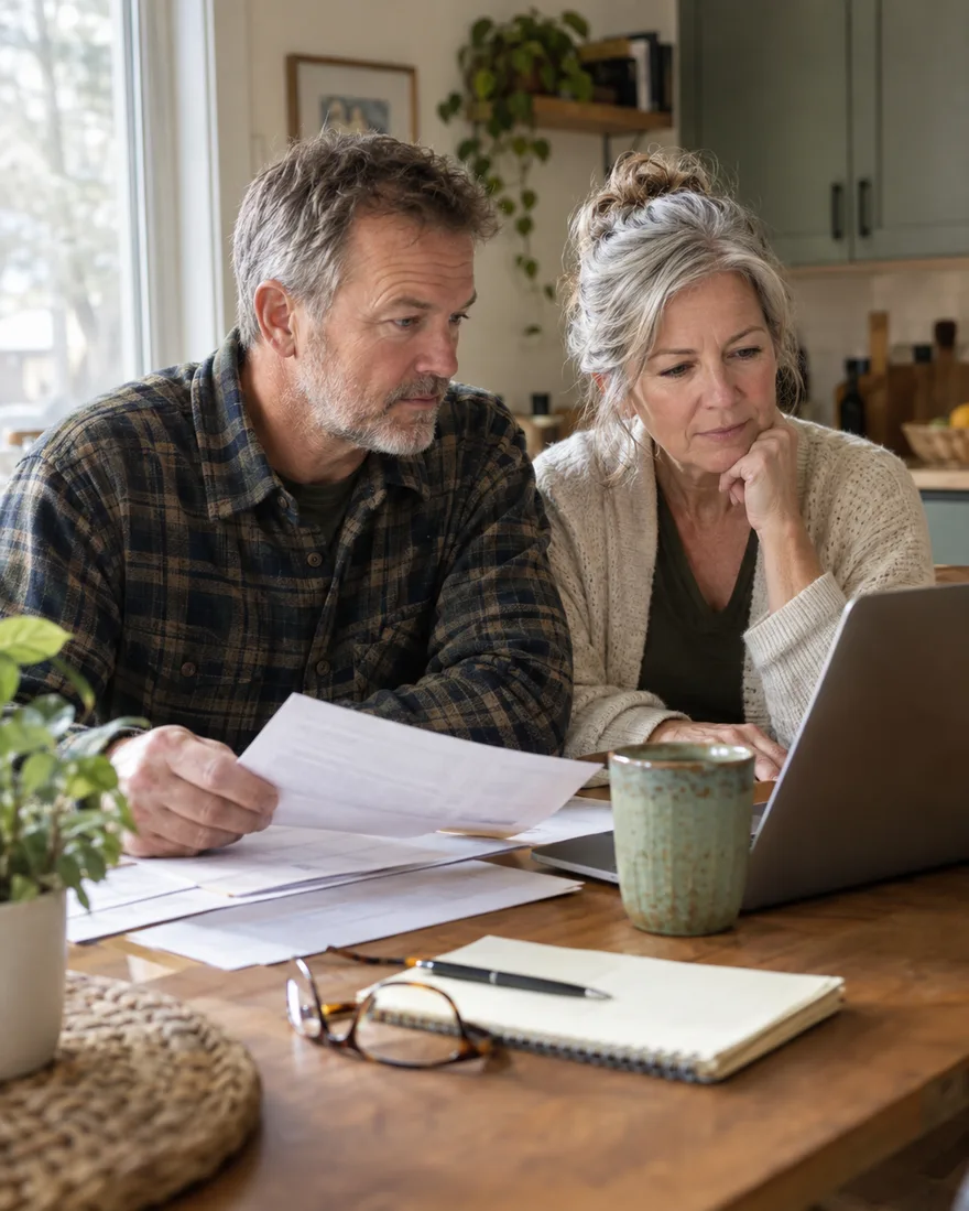 Two grandparents at a kitchen table, going over papers and a laptop together