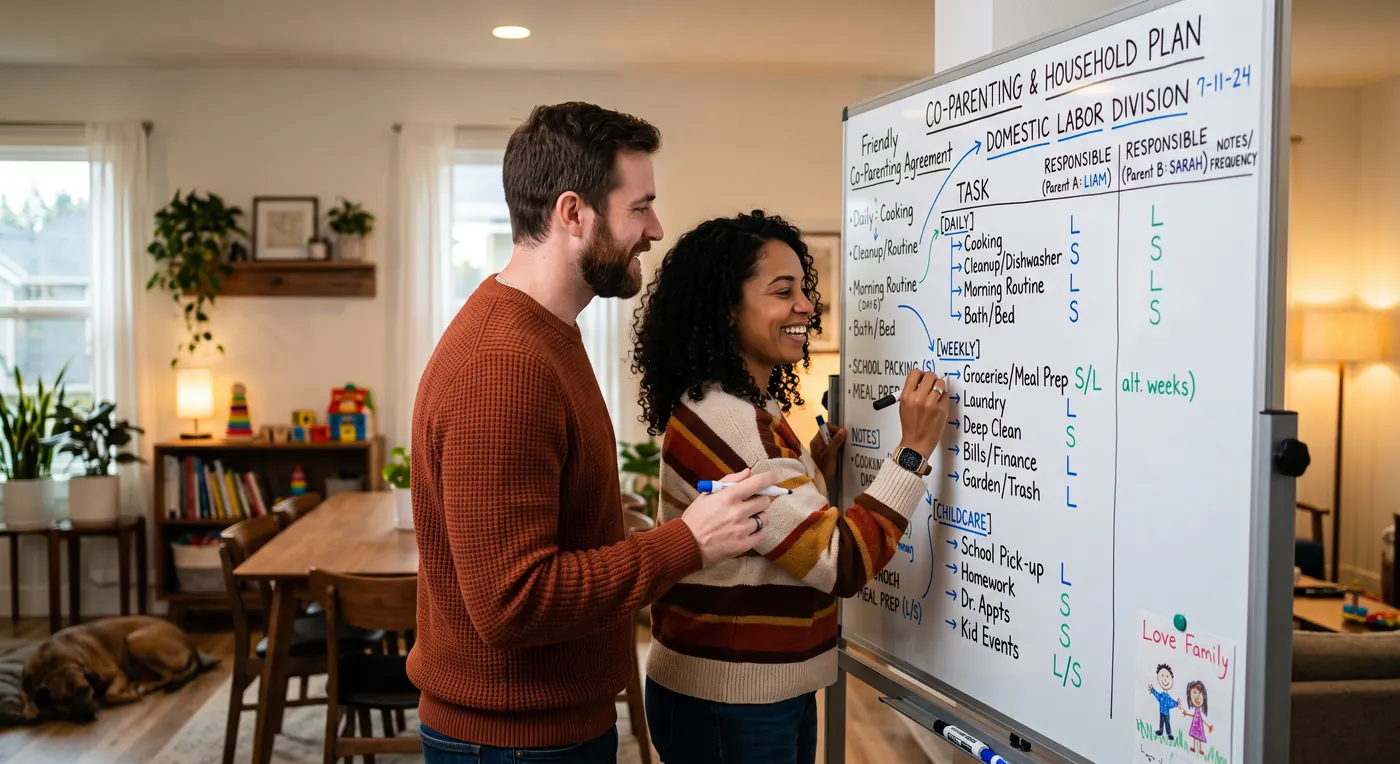 A couple at home drafting their household plan together on a whiteboard — daily, weekly, and childcare tasks divided between them
