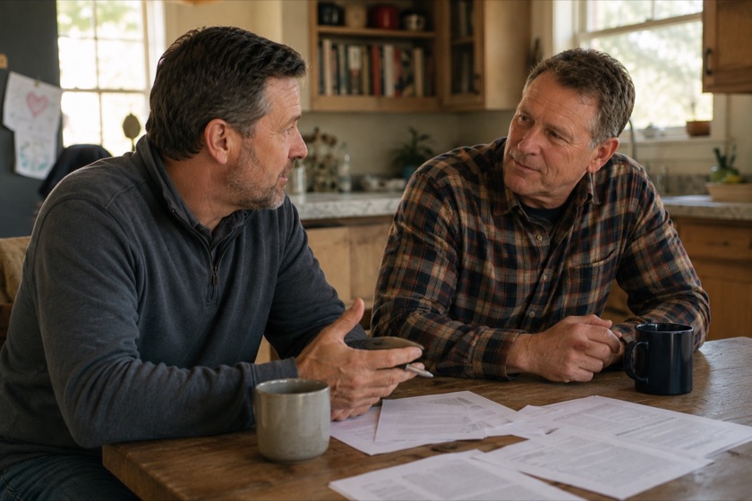 Two men talking across a kitchen table with papers between them