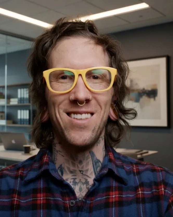 Ryan McLaughlin in a flannel shirt in his office