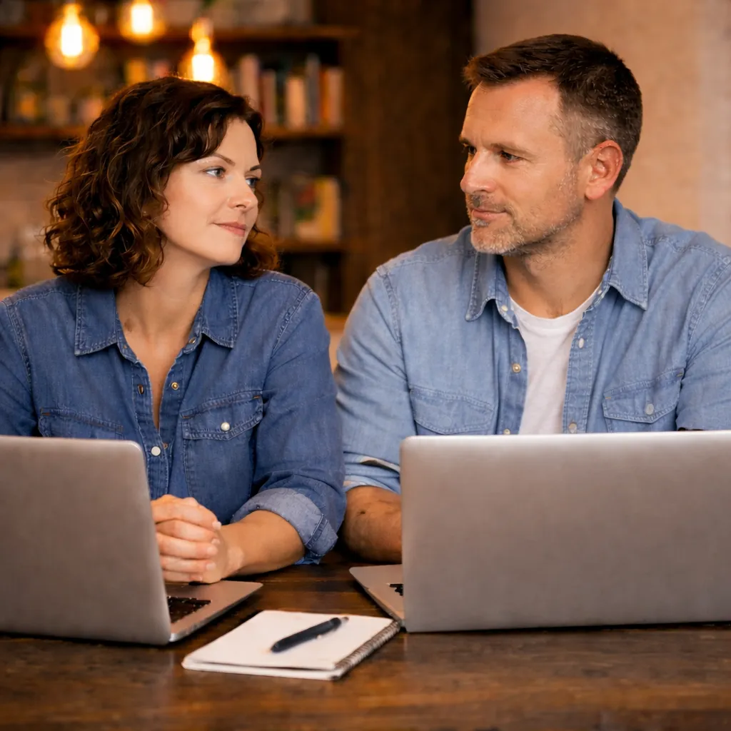 Two parents sitting together at a wooden table, each with their own laptop, working through the first months of co-parenting from separate households