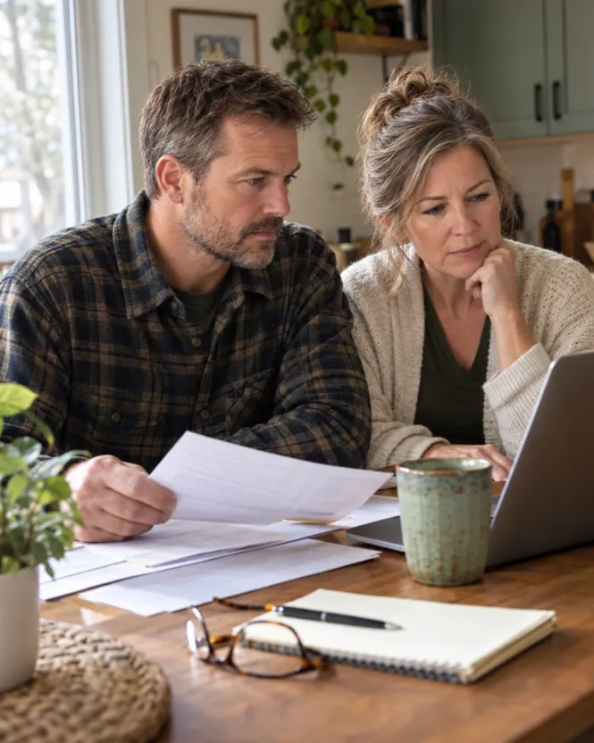Two parents talking calmly at a kitchen table