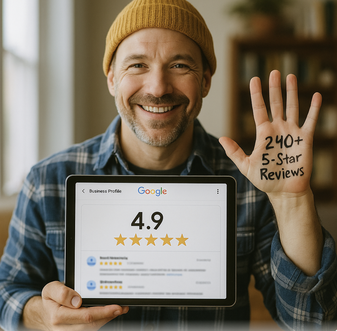 Ryan McLaughlin holding iPad displaying Google Business Profile with 4.9 rating and 240+ 5-star reviews